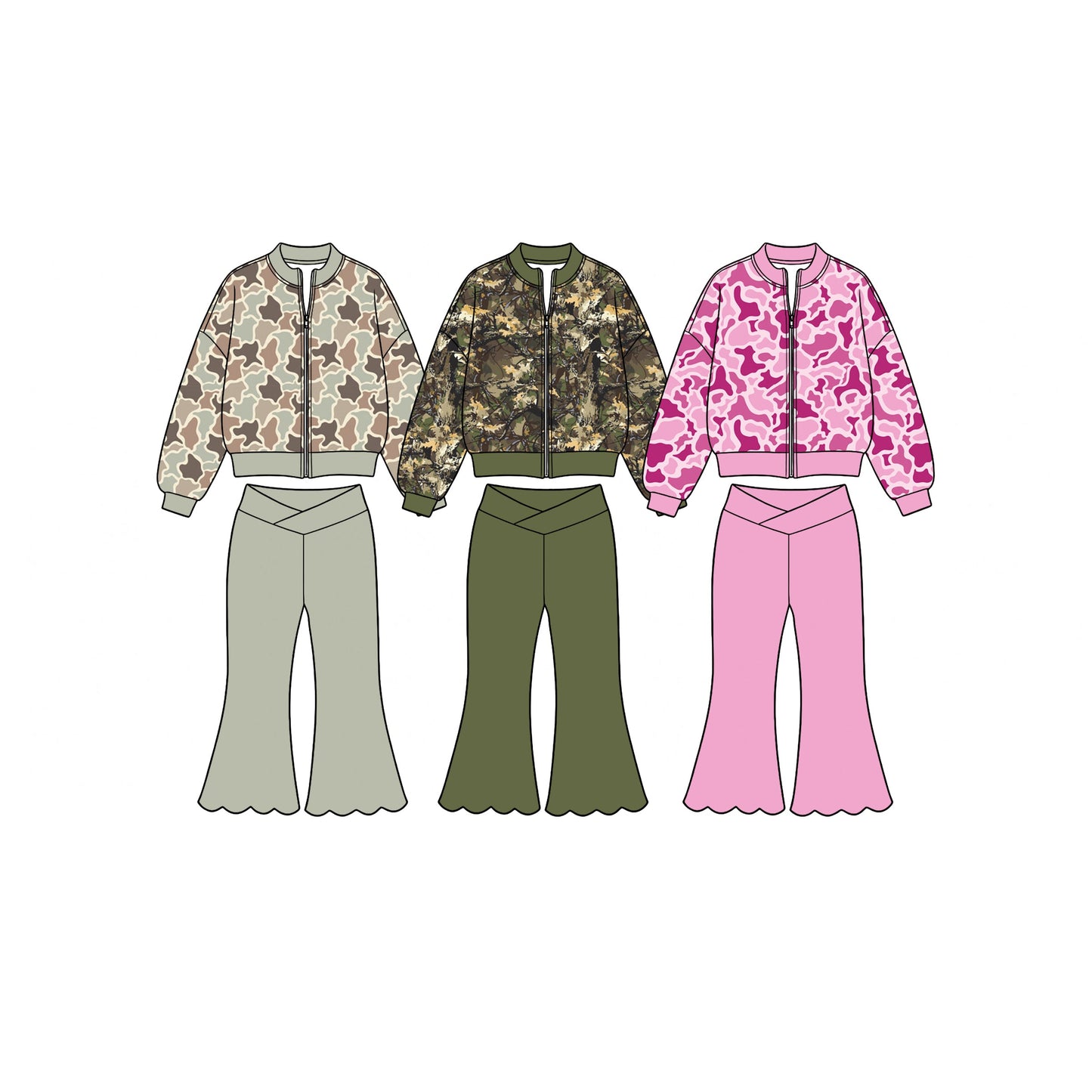 Preorder MOQ 5 pcs Each Color Hunting Camo Yoga Girls Coat Scallop Edge Pants Set-2026.8.20