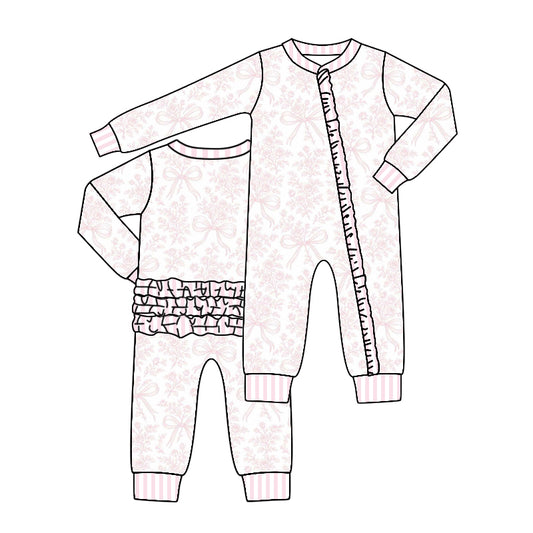 CUSTOM MOQ 5 PCS preorder Flower Bows Pink Ruffle Zipper Long Sleeve Girls Romper 202511