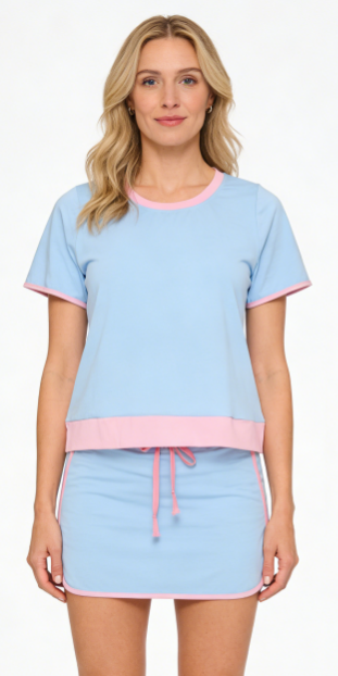 GSD3674 Adult Female Blue Pink Patchwork Short Sleeve Top with Skirts Cotton Sets 202603 RTS