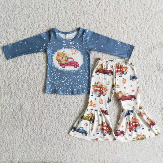 Promotion RTS 6 A0-4 Pumpkin Truck Long Sleeve Flared Pants Girls Set