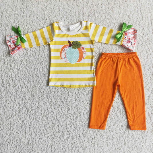 Promotion RTS 6 A10-14 Thanksgiving Pumpkin Orange Stripe Girls Long Sleeve Pants Outfits