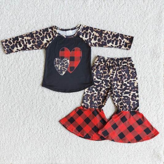 Clearance 6 A12-27 Valentines Leopard Print  Girls Long Sleeve Bell Bottom Pants Outfits