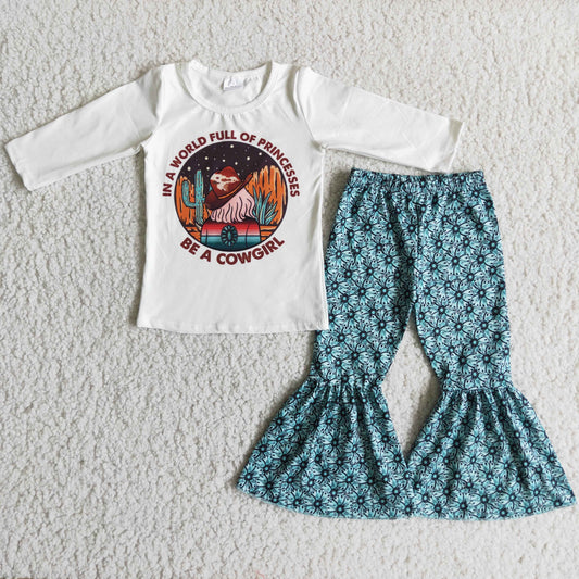 promotion RTS 6 A14-29 Cowgirl Short Sleeve Bell-bottom Pants Girls Set