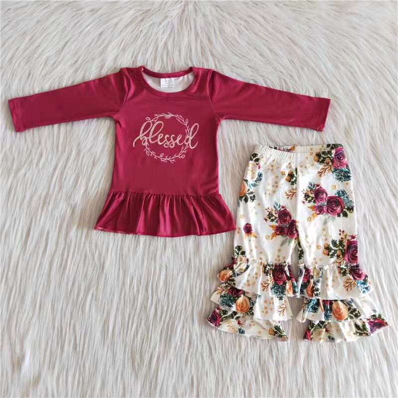 Clearance 6 A16-28 Red Floral Ruffles Girls Long Sleeve Bell Bottom Pants Outfits