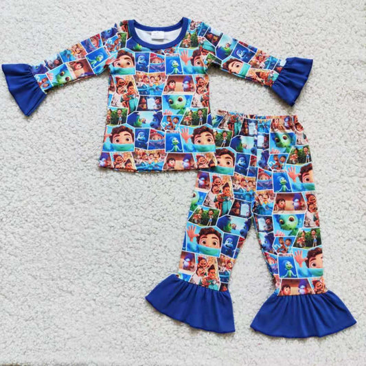 Clearance 6 A17-19  Blue Cartoon Girls Long Sleeve Pajamas