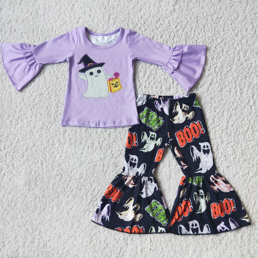 Clearance 6 A19-12  Halloween Purple Ghost Cartoon Girls Long Sleeve Pants Outfits