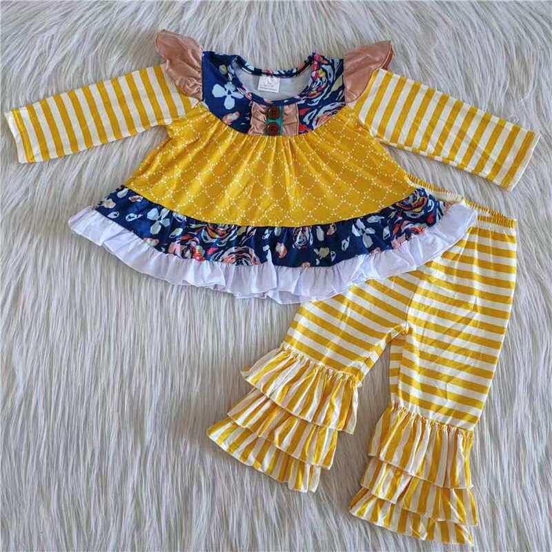 Clearance 6 A20-11 Striped yellow dress with three layers of lace pants