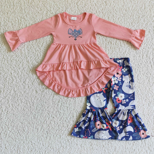 Promotion RTS 6 A24-19 Fox Cartoon Hi-low Pink Blue Floral Front Tunic Girls Long Sleeve Bell Bottom Outfits