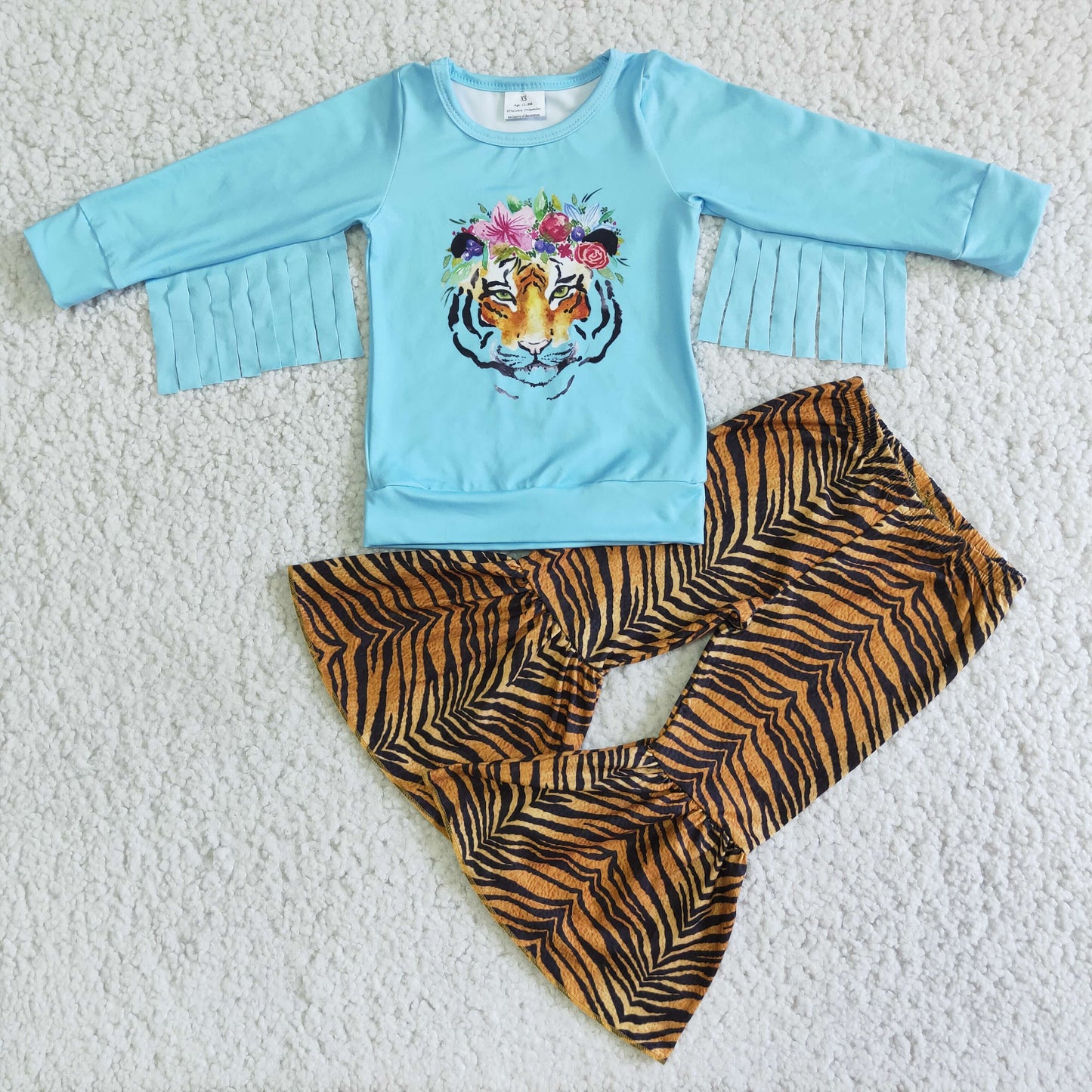 Clearance  6 A3-18 Flower Tiger fringe blue long sleeve pants suit