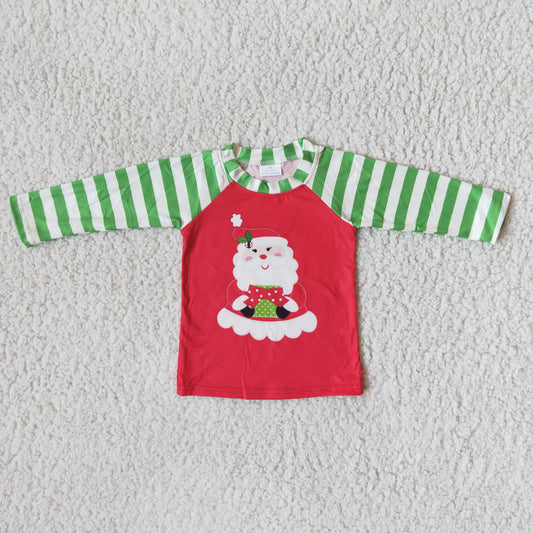 Promotion RTS 6 A32-1   Christmas Santa Claus Green Stripe Boys T-shirts