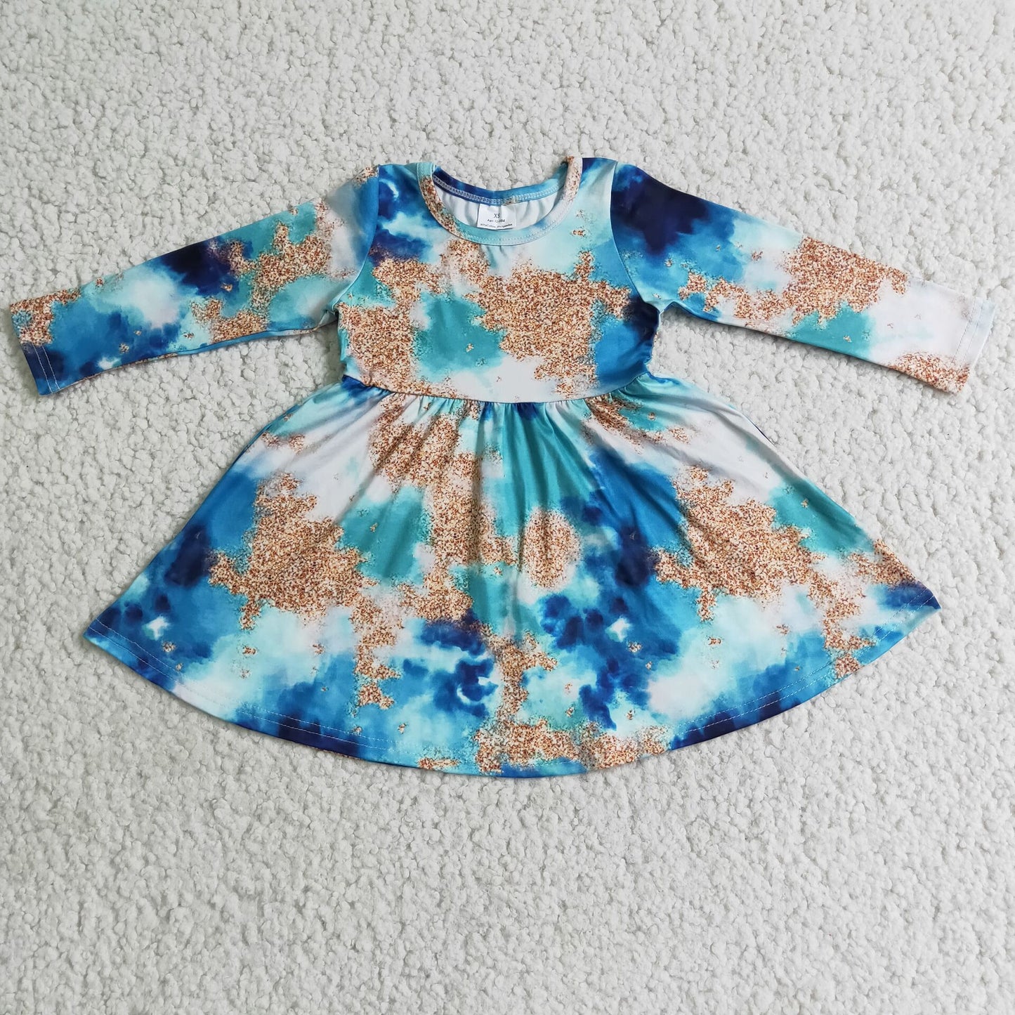 Promotion RTS 6 A6-18 Blue Tie-Dye Long Sleeve Baby Girls Dress