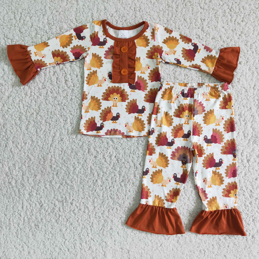 Promotion RTS 6 A8-13 Fall Turkey Print Thanksgiving Day Girls Pajamas Outfits