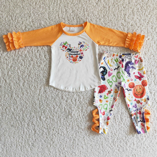 Promotion RTS 6 B1-19 Happy Halloween Mickey Mouse Girls Orange Long Sleeve Pants Outfits