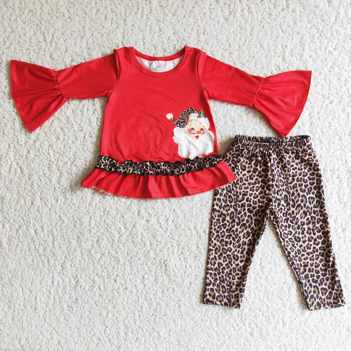 Promotion RTS 6 B3-19 Christmas Santa Leopard Ruffle Red Girls Long Sleeve Pants Outfits