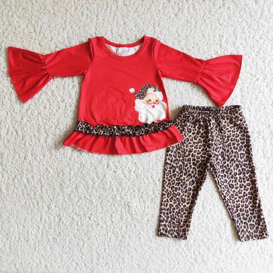 Promotion RTS 6 B3-19 Christmas Santa Leopard Ruffle Red Girls Long Sleeve Pants Outfits