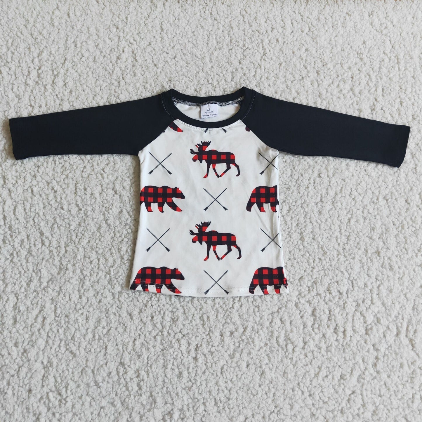 Promotion RTS 6 B6-32  Plaid Bear  Black White Long Sleeve Boys T-shirts