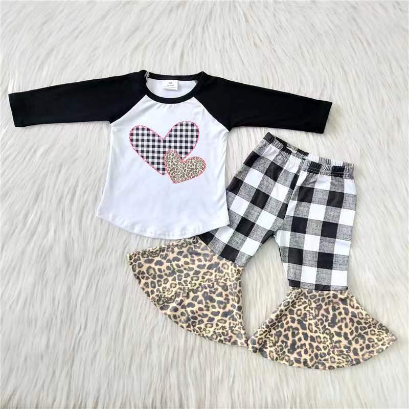 Clearance 6 B7-23 Valentine Love Black Plaid Leopard Girls Long Sleeve Bell Bottom Pants Outfits