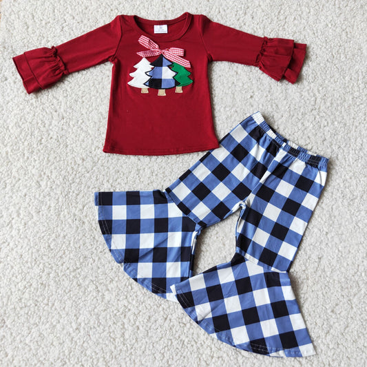 Clearance 6 C6-40 Christmas Tree Embroidery Ruffles Plaid Girls Long Sleeve Bell Bottom Pants Outfits