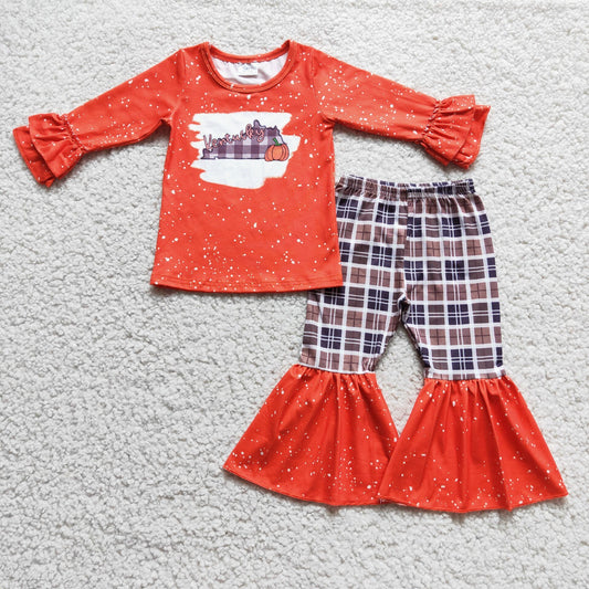 promotion RTS 6 C7-18 Pumpkin Brown Plaid Orange Long Sleeve Pants Girls Outfits