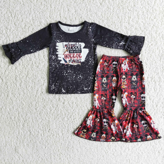 Promotion RTS 6 C7-39 Halloween Cartoon Mickey Black Girls Long Sleeve Bell Bottom Pants Outfits