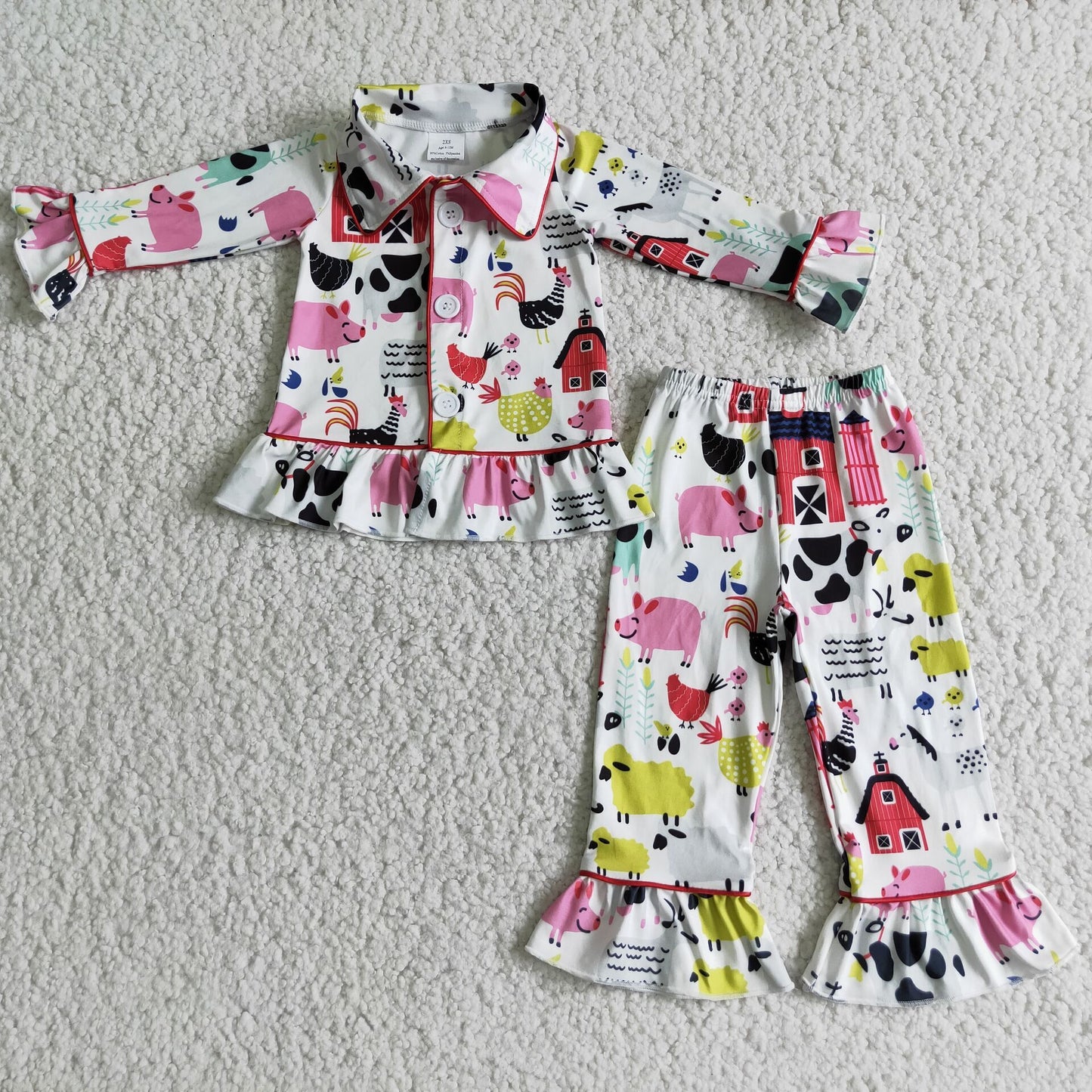 Clearance 6 C7-40 Farm Print Ruffles Long Sleeve Winter Baby Girls Pajamas