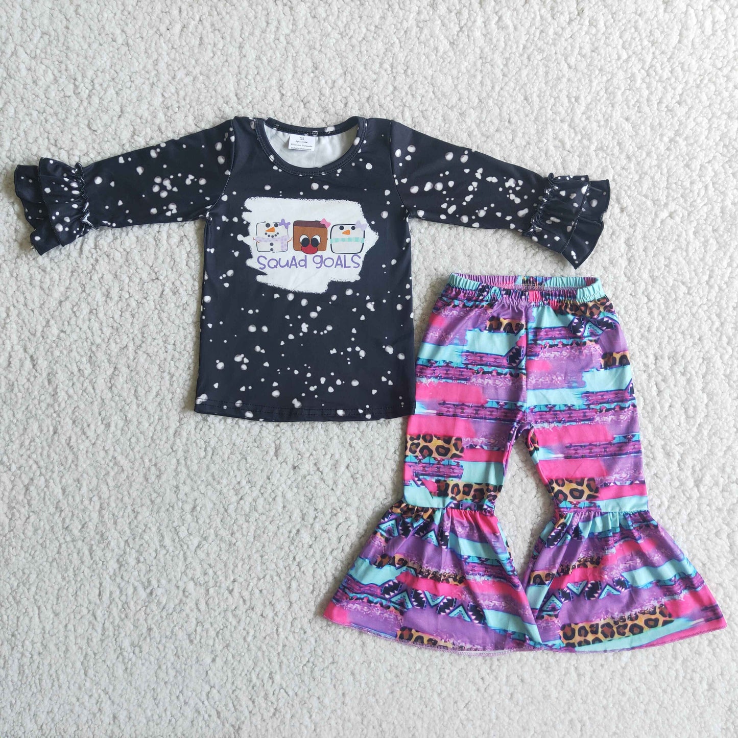 Clearance 6 C8-17 Cartoon Black long sleeve Top bell bottom pants set Girls Boutique Outfits
