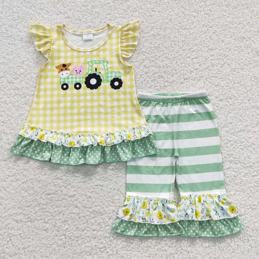 Clearance D9-12  Farm Truck Flutter Green Striped Print Girls Short Sleeve Bell Bottom Pants Outfits