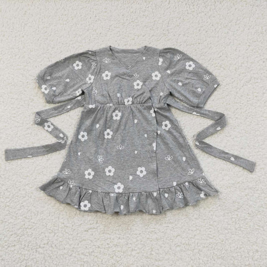 GSD0447 Grey Floral Belt Girls Flutter Sleeve Dresses