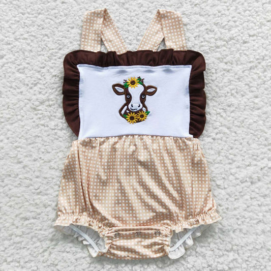 SR0312 Pink Sunflower Heifer Cow Print Western Girls Short Sleeve Romper