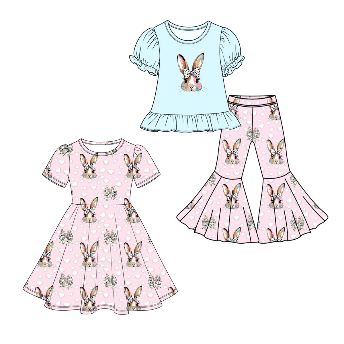 Preorder MOQ 5 pcs Each Style Easter Bunny Dots Bows Love Kids Matching Clothes