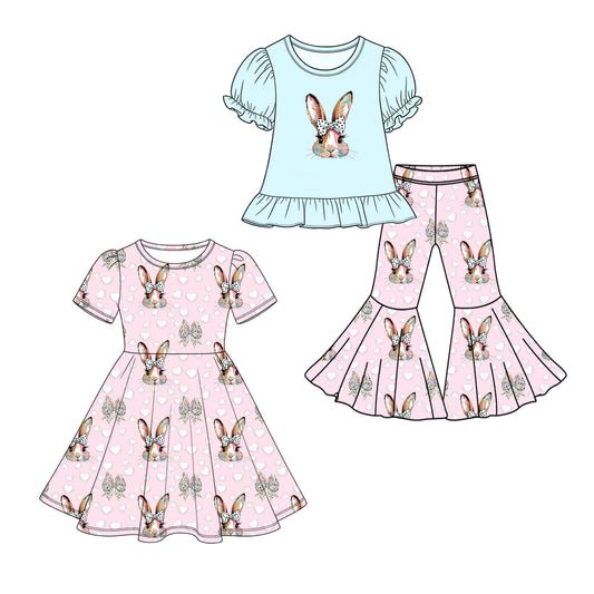Preorder MOQ 5 pcs Each Style Easter Bunny Dots Bows Love Kids Matching Clothes
