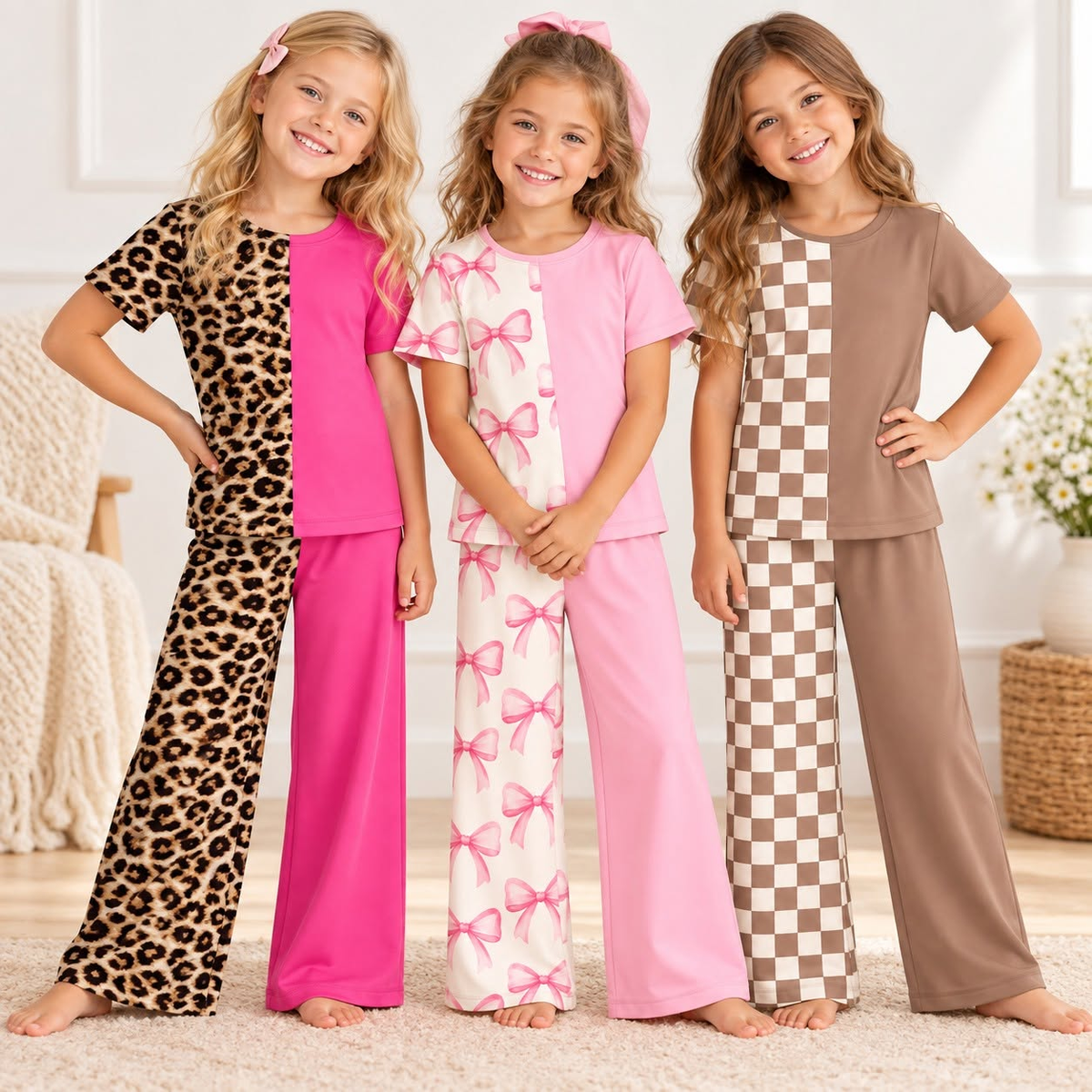 Preorder MOQ 5 pcs Each Style Leopard & Bow & Plaid Sweet Kids Matching Clothes