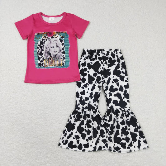 GSPO1110 Pink Singer Cow Print  Girls Short Sleeve Bell Bottom Pants Outfits