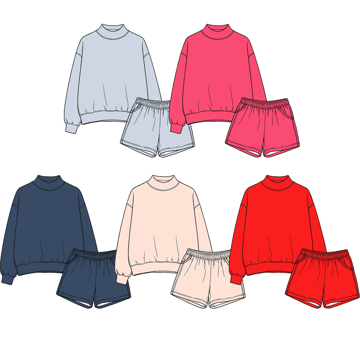 Preorder MOQ 5 pcs Each Style Solid Color Mockneck Girls Shorts Set Kids Matching Clothes