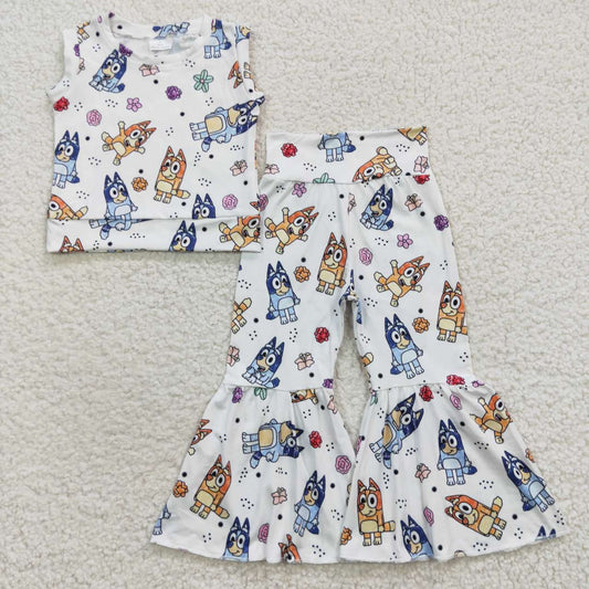 GSPO0729 Blue Dog Cartoon Girls Short Sleeve Pants Outfits