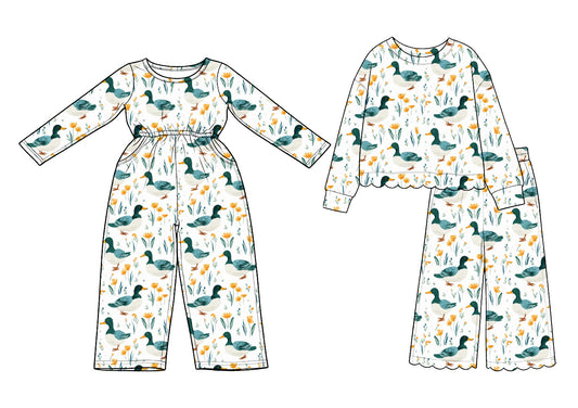 Preorder MOQ 5 pcs Each Style Mallard Ducks Girl's Jumpsuit & Scallop Edge Set Kids Matching Clothes 202609