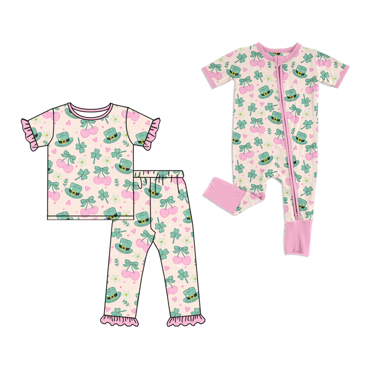 Preorder MOQ 5 pcs Each Style Saint Patrick Leaves Bows Pink Ruffles Kids Matching Clothes