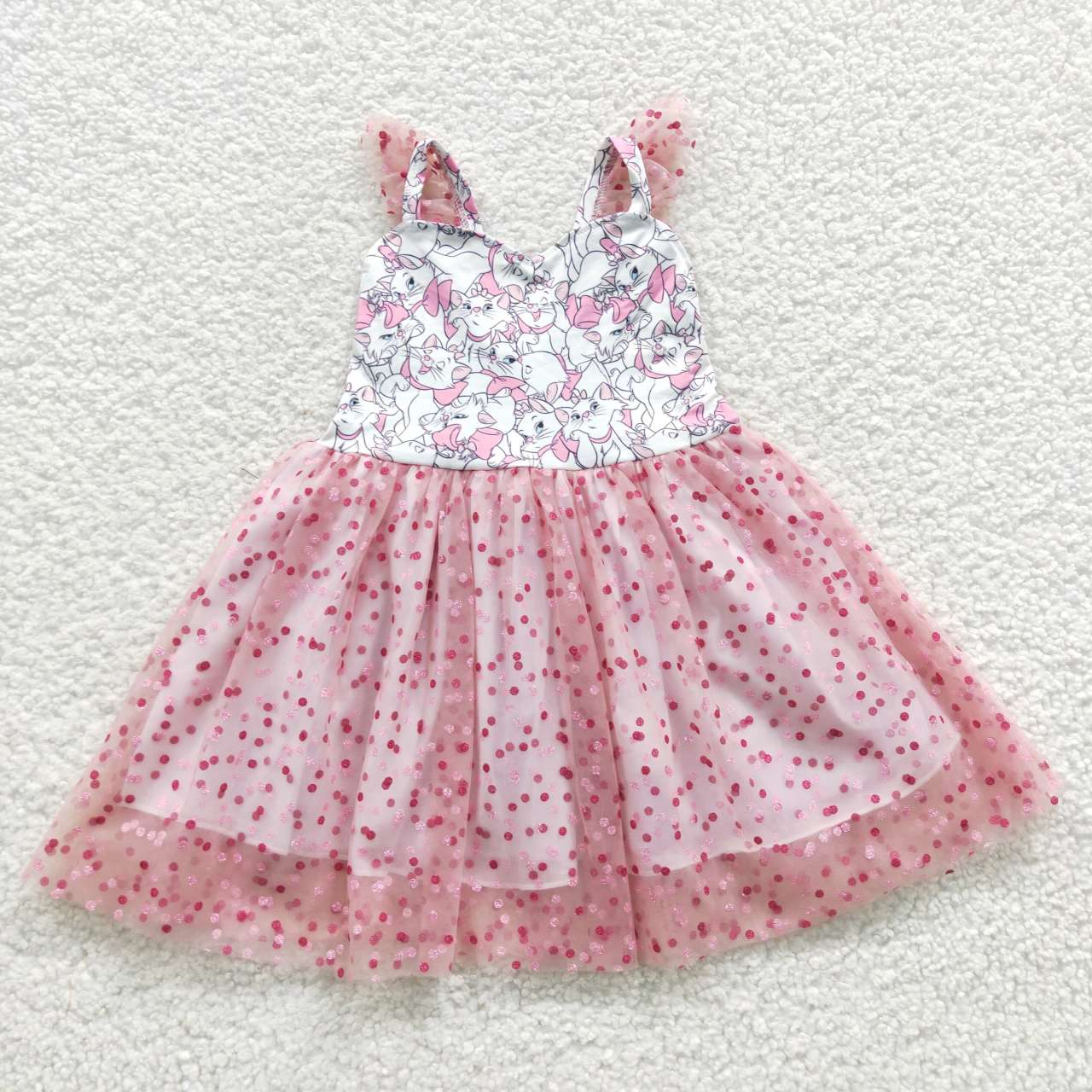 GSD0360 Pink Cat Cartoon Tulle Tutu Girls Short Sleeve Dresses