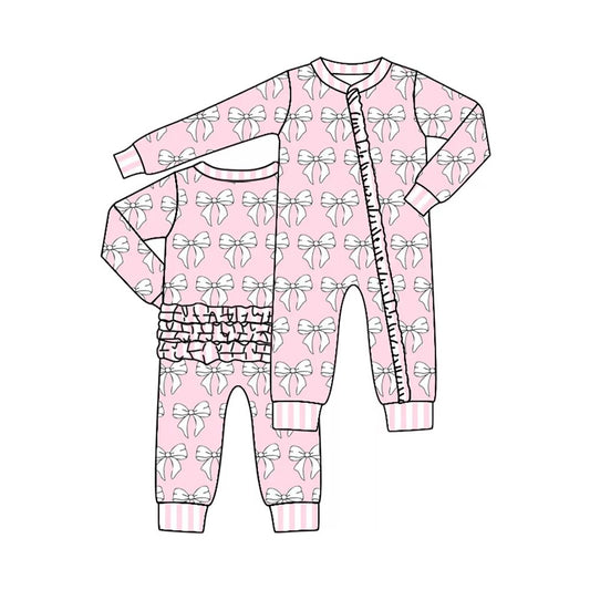 CUSTOM MOQ 5 PCS preorder Valentines Day Bows Ruffle Pink Long Sleeve Girls Romper 202511