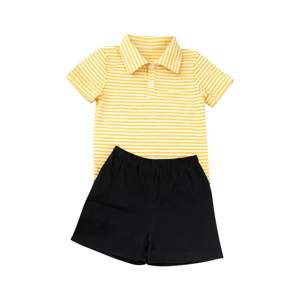 CUSTOM Pre-Order MOQ 5 PCS Yellow Stripe Polo Short Sleeve Top Black Shorts Boys Sets 202604 Sibling