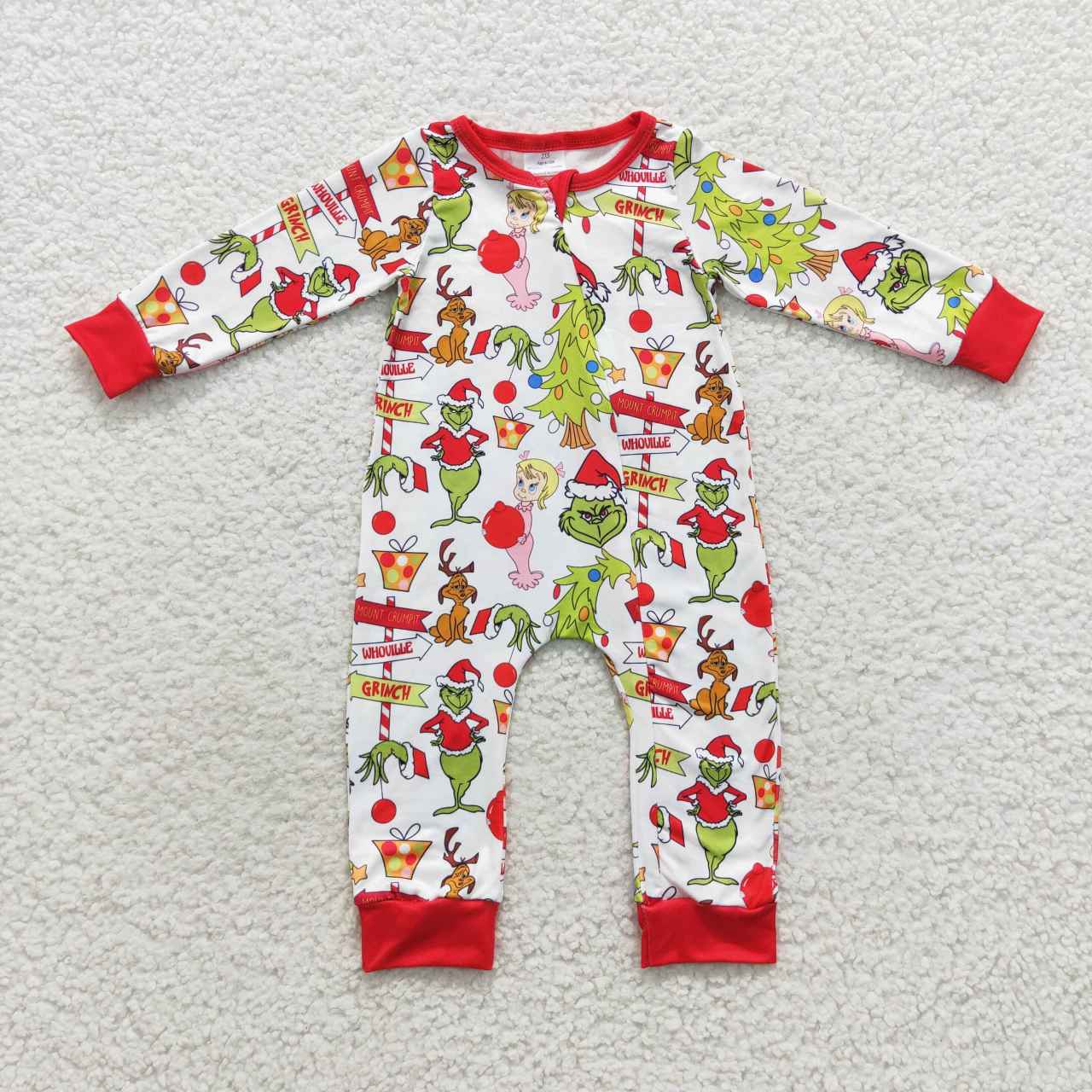 LR0530 Christmas Green Red Cartoon Zipper Girls Long Sleeve Romper