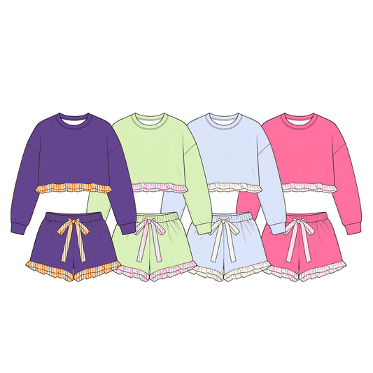 Preorder MOQ 5 pcs Each Style Solid Color Cotton Stripe Ruffles Girls Shorts Set Kids Matching Clothes 202609
