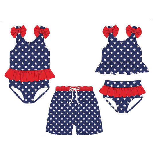 Preorder S0530 Red Bows Ruffle Navy Blue Star Sleeveless Romper Girls Boutique Swimming wear  202503