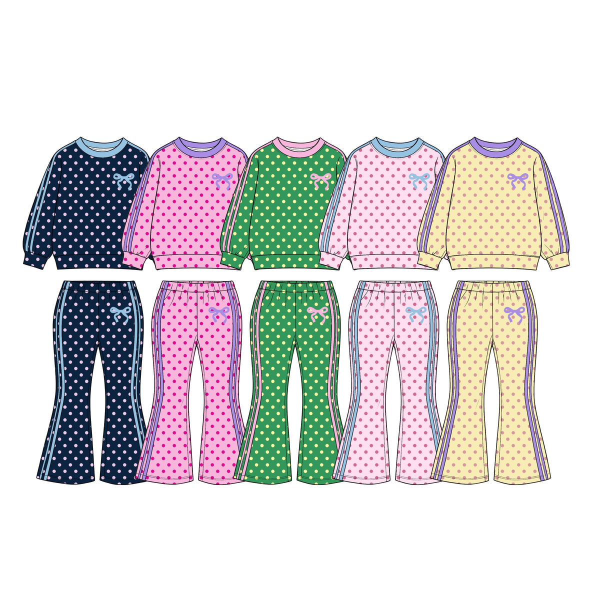 Preorder MOQ 5 pcs Each Style Dots Stripe Bows Girls Set Kids Matching Clothes
