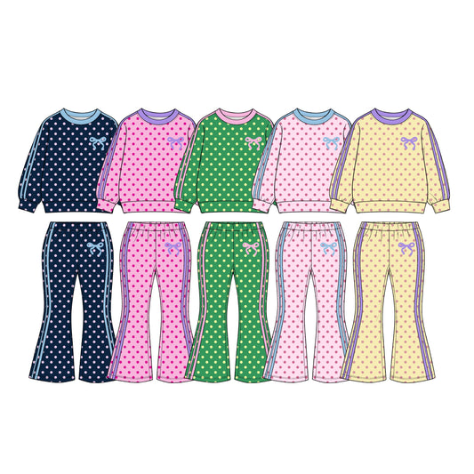 Preorder MOQ 5 pcs Each Style Dots Stripe Bows Girls Set Kids Matching Clothes