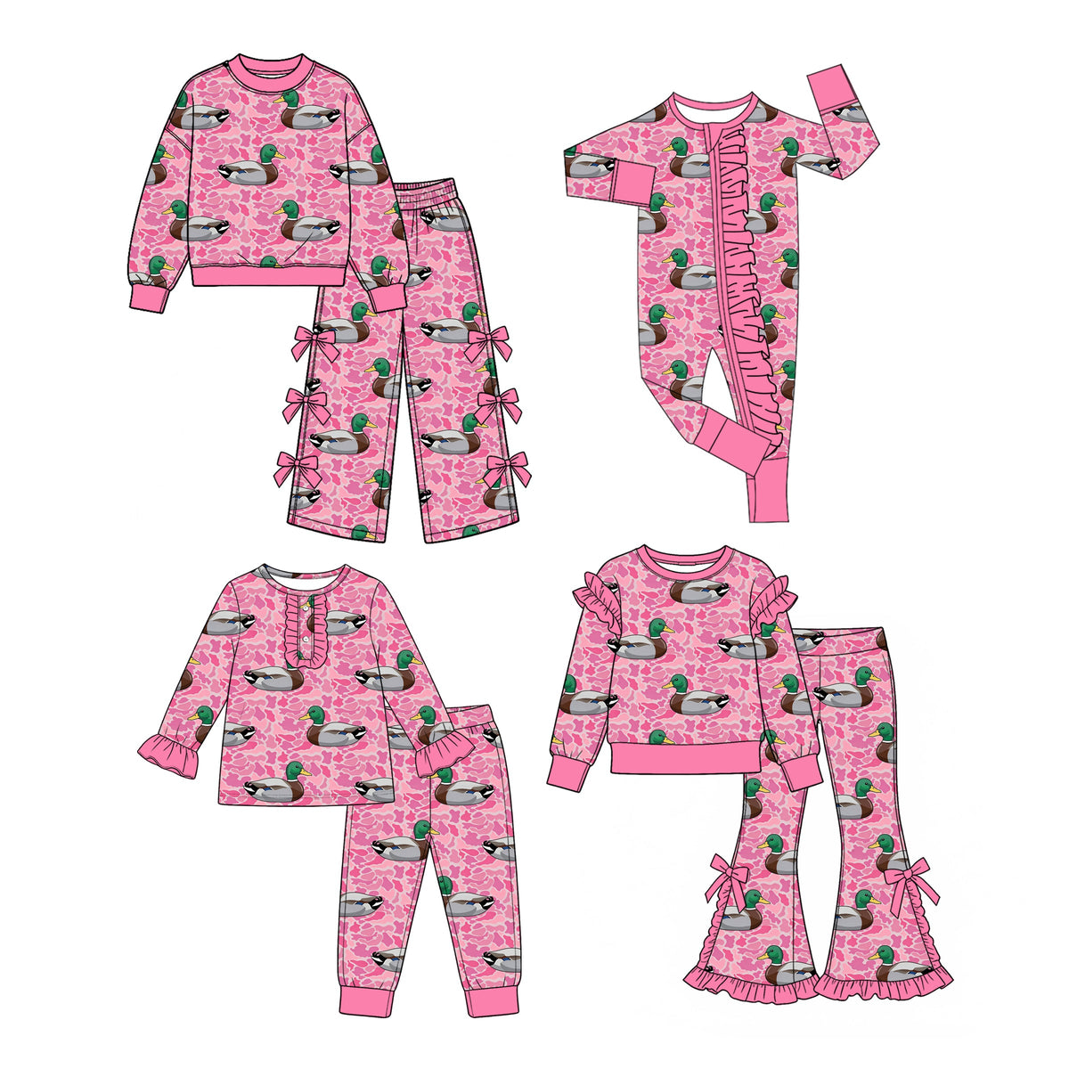 Preorder MOQ 5 pcs Each Style Hunting Mallard Ducks Camo Rose Red Ruffles Kids Matching Clothes