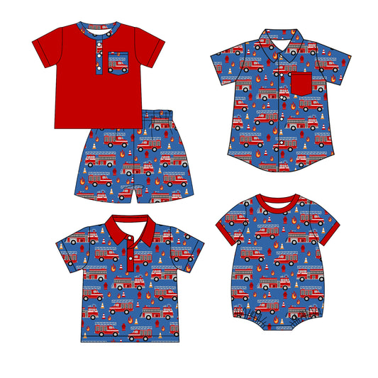MOQ 5 PCS Pre-Order Sibling Matching Clothes Fire Truck Pattern Red Blue Boys Clothing 202601