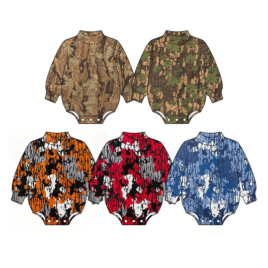 Preorder MOQ 5 pcs Each Style Hunting Camo Leaves Mockneck Baby Bubble Romper Kids Matching Clothes