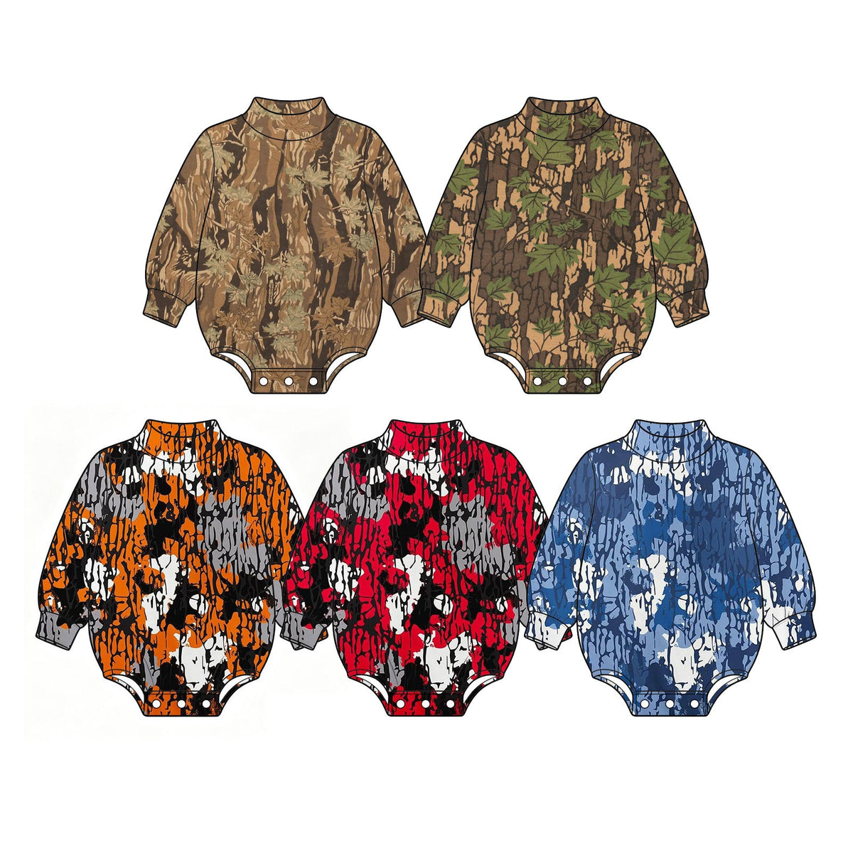 Preorder MOQ 5 pcs Each Style Hunting Camo Leaves Mockneck Baby Bubble Romper Kids Matching Clothes