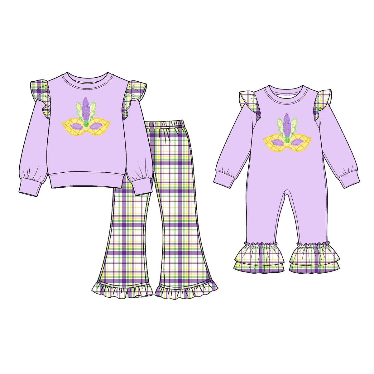 Preorder MOQ 5 pcs Each Style Mardi Gras Mask Print Plaid Ruffles Kids Matching Clothes